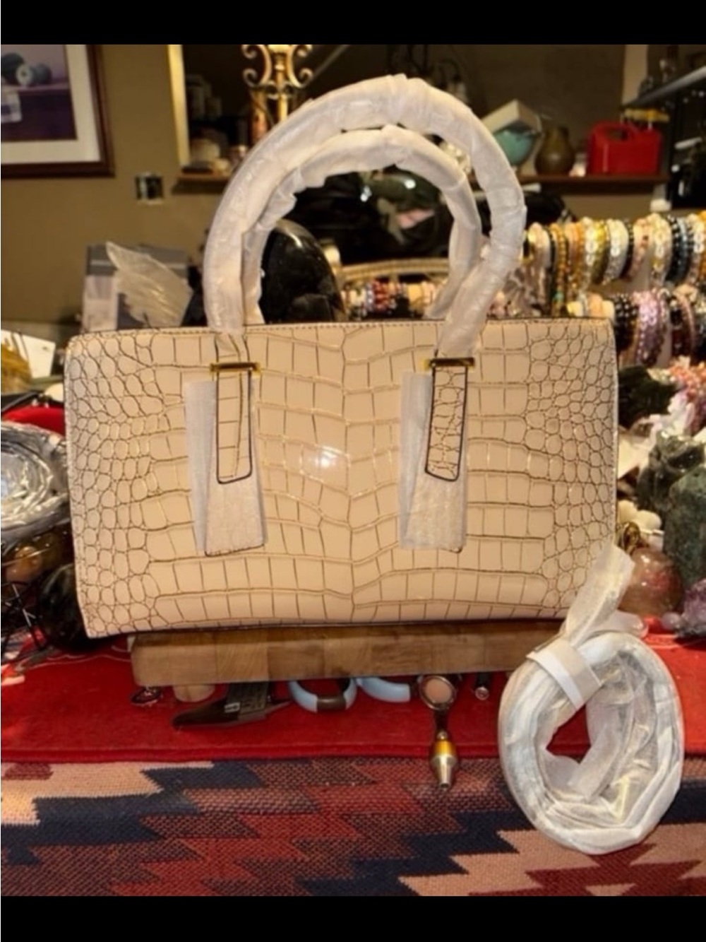 Elegant Cream Croc-Embossed Satchel Bag